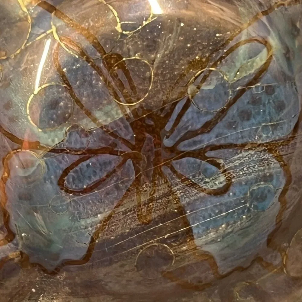 Butterfly Dish Glass 5.5” Ashtray Ruffled Trinket Holder Handpainted Blue‎ Brown